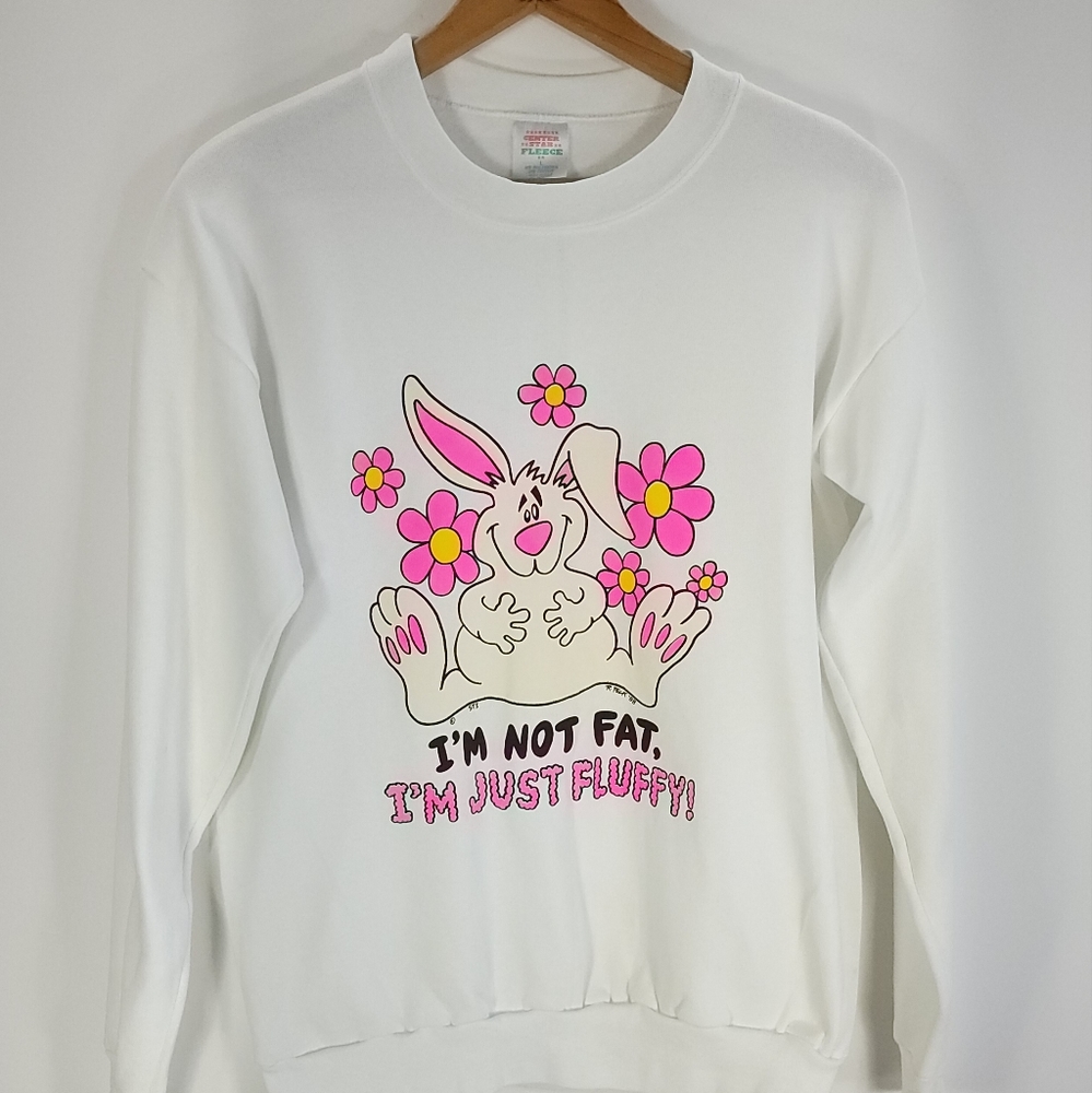 Vtg Bunny I am Not Fat Graphic Sweatshirt Women's Large Center Star Fleece 80s